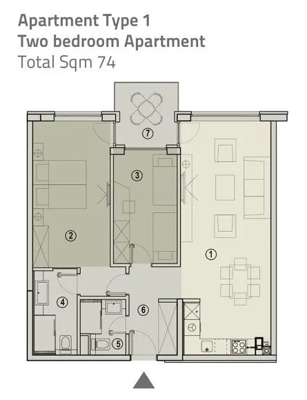 Floor plan: Two bedrooms, 74 m²