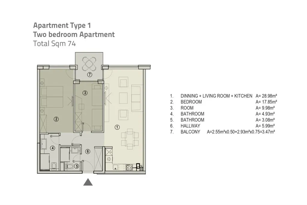 Floor plan: Two bedrooms, 74 m²
