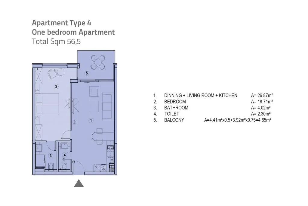 Floor plan: One bedroom, 56.5 m²