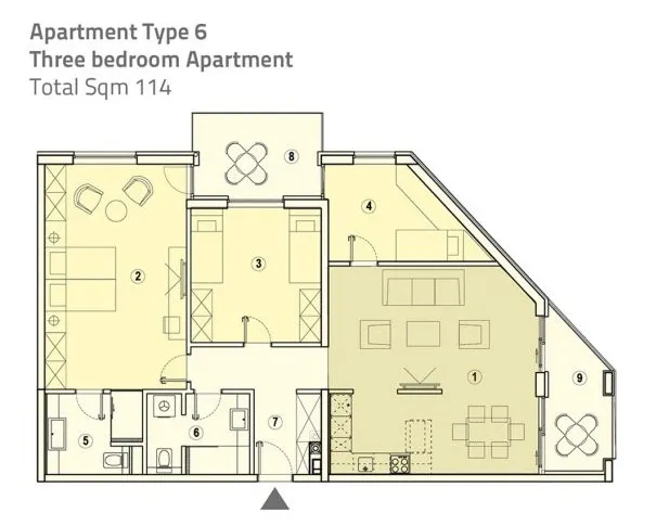 Floor plan: Three bedrooms, 114 m²