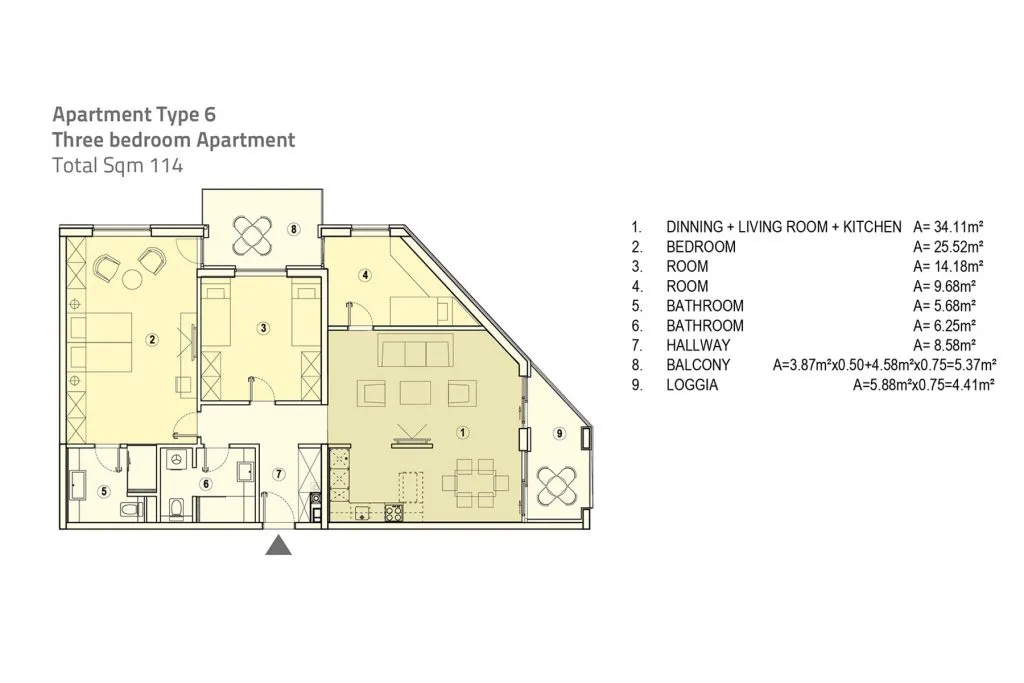 Floor plan: Three bedrooms, 114 m²